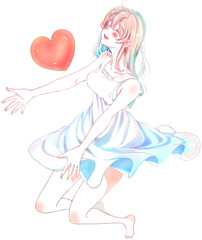 両手を広げる幸せそうな女性とハート　恋愛　全身