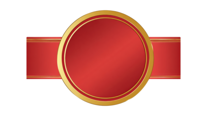 Blank red circular label or decorative award seal with a golden frame and horizontal ribbon band, providing space for custom text or brand promotion on a transparent background