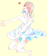 両手を広げる幸せそうな女性　恋愛　全身