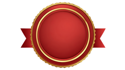 Red and gold badge with blank circular space and ribbon banner on transparent background, symbolizing premium product quality, award, certificate, distinction, and approval