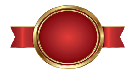 Round red badge with a double golden border and a red banner ribbon design, symbolizing quality, achievement, and premium status on a transparent background