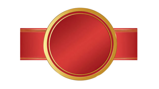 Blank red circular label or decorative award seal with a golden frame and horizontal ribbon band, providing space for custom text or brand promotion on a transparent background - Powered by Adobe