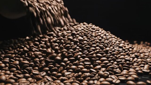 Dramatic close-up view of a shaking pile of dark roasted coffee beans under low-key lighting, visually representing extreme market volatility and a financial crisis trade, dark, macro shot
