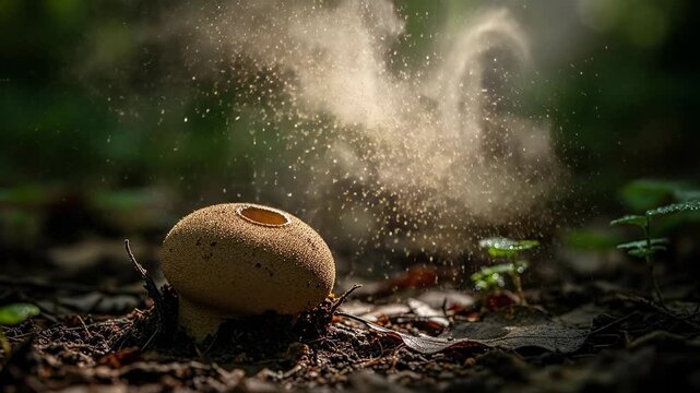 Close-up of a puffball mushroom releasing spores in a sunlit forest floor.