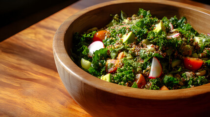 Nutritious Kale Salad: A vibrant close-up of a fresh, homemade kale salad, showcasing a wooden bowl filled with colorful ingredients under natural light.