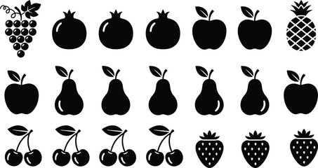 PrintBlack Silhouette Fruit Icon Set, Minimalist Vector Collection of Apple, Pear, Grape, Pomegranate, Pineapple, Strawberry, and Cherry for Web, App, and Healthy Food Design.