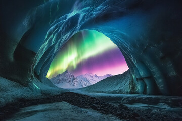 An illuminated glacial cave glowing in surreal neon colors as auroras dance above