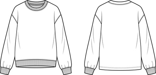 PrintCropped Oversized Crewneck Sweatshirt Flat Technical Sketch for Fashion Design, Casual Apparel Vector Illustration, Raglan Long Sleeve, Ribbed Hem and Cuff, Front and Back View © MstMahannahara