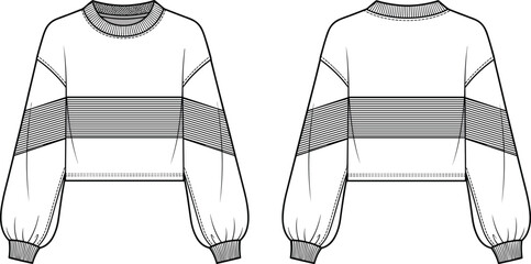 PrintCropped Striped Sweatshirt Flat Technical Sketch for Fashion Design, Puffy Sleeve, Crew Neck, Ribbed Cuff and Hem, Casual Apparel Vector Illustration, Front and Back View © MstMahannahara
