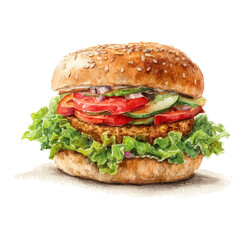 A watercolor painting of Veggie Burger, vector illustration on white background.