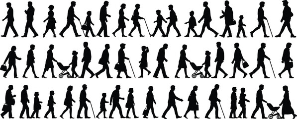 PrintDiverse walking people black silhouettes set, various generations including elderly, adults, and children, carrying bags, walking with sticks, and pushing strollers, vector collection for public