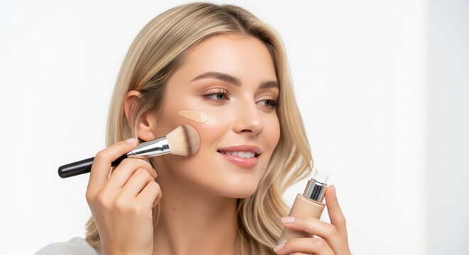 Beautiful blonde woman applying makeup foundation or powder with a brush, natural beauty and skincare portrait