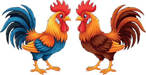 Two Colorful Roosters Standing Together, Happy Farm Chicken Birds with Bright Red Combs and Feathers Vector Illustration.