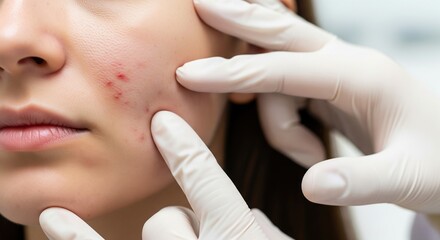 Dermatologist hands in medical gloves examining young woman face with acne skin problem in clinic, acne treatment concept