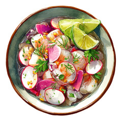 Ceviche in watercolor painting style, vector illustration on white background.