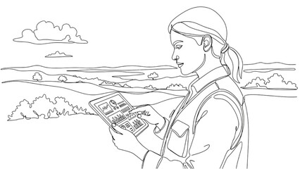 High-Quality Black Continuous Line Art of Environmental Scientist Reviewing Environmental Data on Tablet Outdoors
