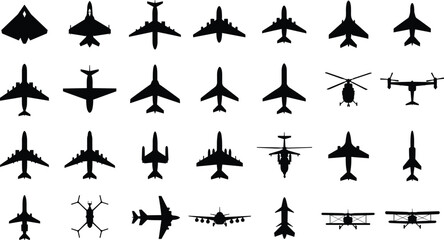 PrintAircraft silhouette collection, airplane helicopter drone vector, aviation graphic icon, military jet outline, aerospace transport design, black flight illustration