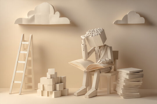 A paper style character interacts with brain shaped objects and ladders in a calm studio scene. The image represents building ideas through thoughtful and creative thinking.