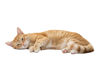 Orange tabby cat lying on its side with green eyes relaxed and calm full body visible with soft fur and pink paw pads