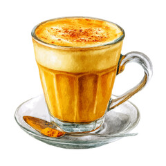Watercolor illustration of Turmeric Latte, vector artwork, isolated on white background.