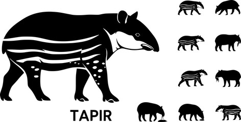 Tapir silhouettes, Malayan tapir silhouette, Tapir vector set, Tapir, Tapir animal bundle set