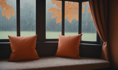 Morning rain falls on a cozy window seat with cushions and autumn leaves in a quiet room in the countryside Generative AI