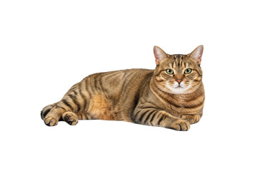 Obraz premium Striped tabby cat lying down with green eyes and relaxed posture isolated on transparency background, full body cutout showing detailed fur pattern and calm expression
