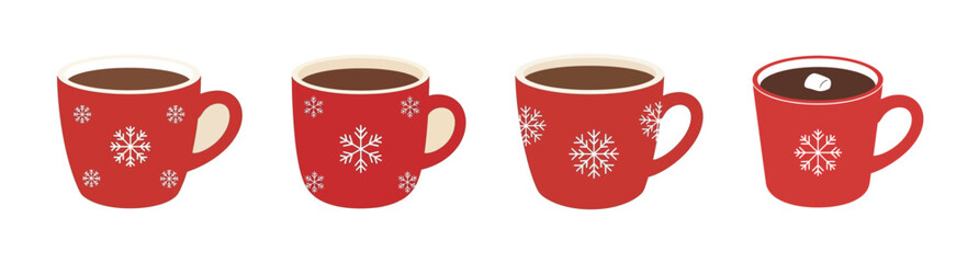 Four festive red mugs with snowflake patterns filled with hot beverages, one topped with a marshmallow, on a white background.