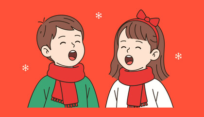 Two children wearing red scarves and singing with their mouths open, with snowflakes in the background.