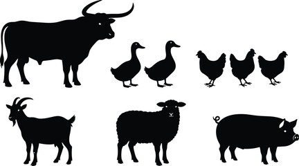 PrintSet of Farm Animals Silhouettes Vector, Including Bull, Sheep, Goat, Pig, Chickens, and Ducks for Agriculture, Meat, and Rural Concepts.