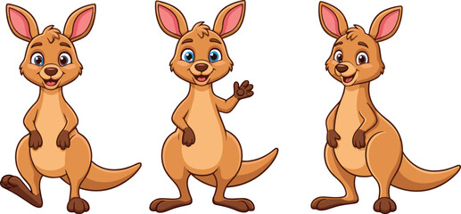 Obraz premium Cute Cartoon Trio of Happy Brown Kangaroos Standing and Waving, Adorable Australian Wildlife Characters Vector Illustration for Kids.