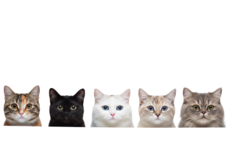 Five cat heads lined up in row with various fur patterns and eye colors, showing curious and calm expressions on transparent background