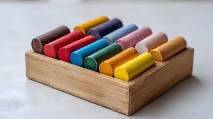 Obraz premium Vibrant collection of colorful oil pastels and wax crayons in a wooden box for ic creation