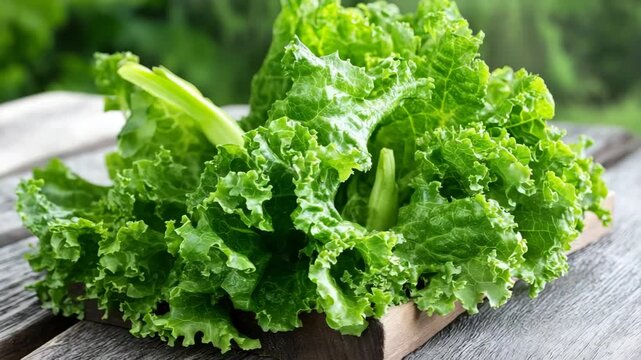 Freshly picked curly lettuce on a wooden board with outdoor background and soft natural light
