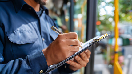 Faceless police officer writing ticket for public transportation vehicle, defocused traffic enforcement, citation issuance, violation documentation, transit regulation, parking con