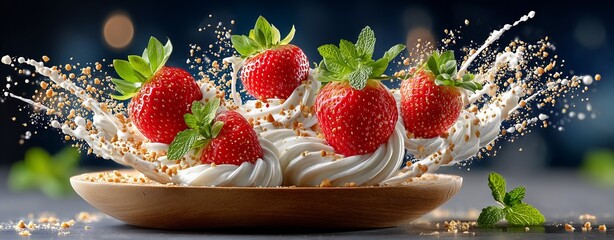 Vibrant Strawberries with Cream and Crumbs in Motion