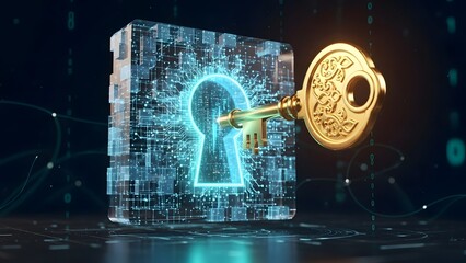 A glowing blue keyhole on a digital cube with a large golden key