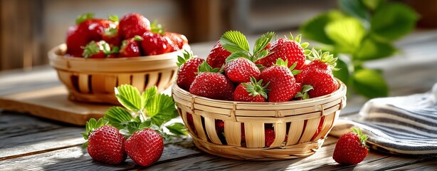 Fresh Ripe Strawberries in Wicker Baskets on Wooden Table