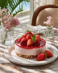 Strawberry Cheesecake on Elegant Marble Table with Floral Decor