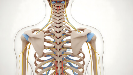Anatomical illustration of the human neck and upper back spinal cord and nervous system detail
