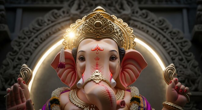 Dagdusheth Lord Ganesha Idol. Majestic Low Angle Temple View.