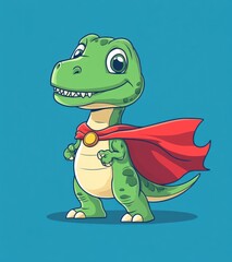 Fototapeta premium Superhero Green Dragon with Red Cape Cartoon Character