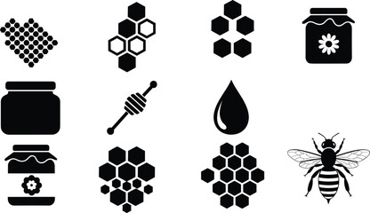Honey and beekeeping icon set featuring jars, honeycombs, bees, droplets, and dippers, perfect for branding, food labels, packaging, and graphics © MdMojnu