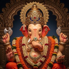 Dagdusheth Ganesha Full Idol. Majestic Gold Temple Murti 4K.