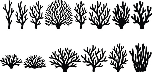 Coral reef silhouette illustration set with underwater sea coral shapes in black style for ocean, marine and aquatic design projects