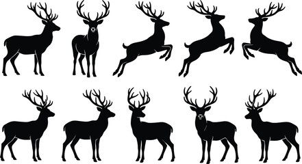 Deer and stag jumping silhouette illustration set with antlered bucks in dynamic poses for wildlife, forest and nature design projects