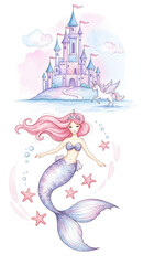 Obraz premium Magical fairy tale illustration featuring a pink mermaid with stars and a Pegasus unicorn flying near a dreamy castle under a pastel sky