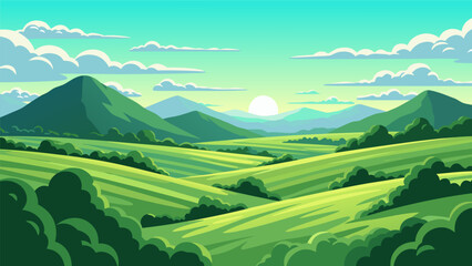 Naklejka premium A vibrant, stylized landscape painting of rolling green hills under a bright, sunny sky with fluffy clouds.