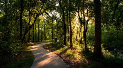 Fototapeta premium Serene forest path with sunlight filtering through trees and greenery.