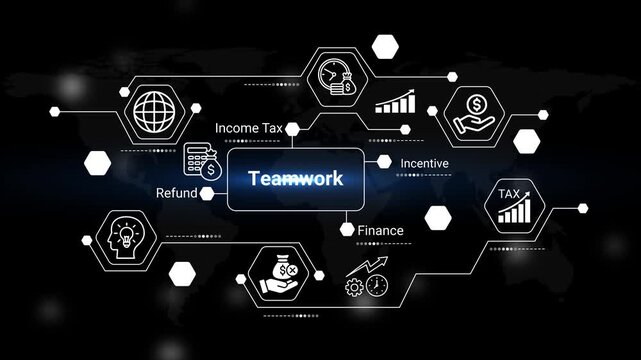 this image depicts a complex network of financial concepts including income tax teamwork finance refund and incentive visualized with icons and connections high quality professional detailed